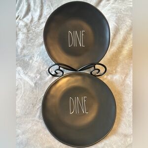 2 DINE 11" Rae Dunn Artisan Collection Dinner Plates Blk White Lettering Magenta